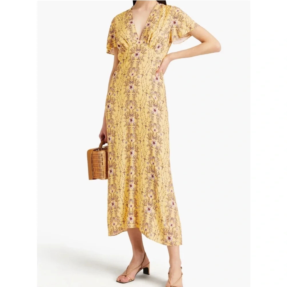 SANDRO Esther Cutout Floral Jaquard Midi‎ Dress in Yellow Cottagecore Prarie 34 - Picture 3 of 14